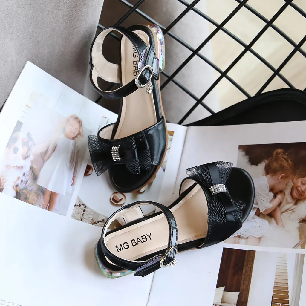 Детские сандалии с открытым носком черные бантом для девочек обувь принцессы и