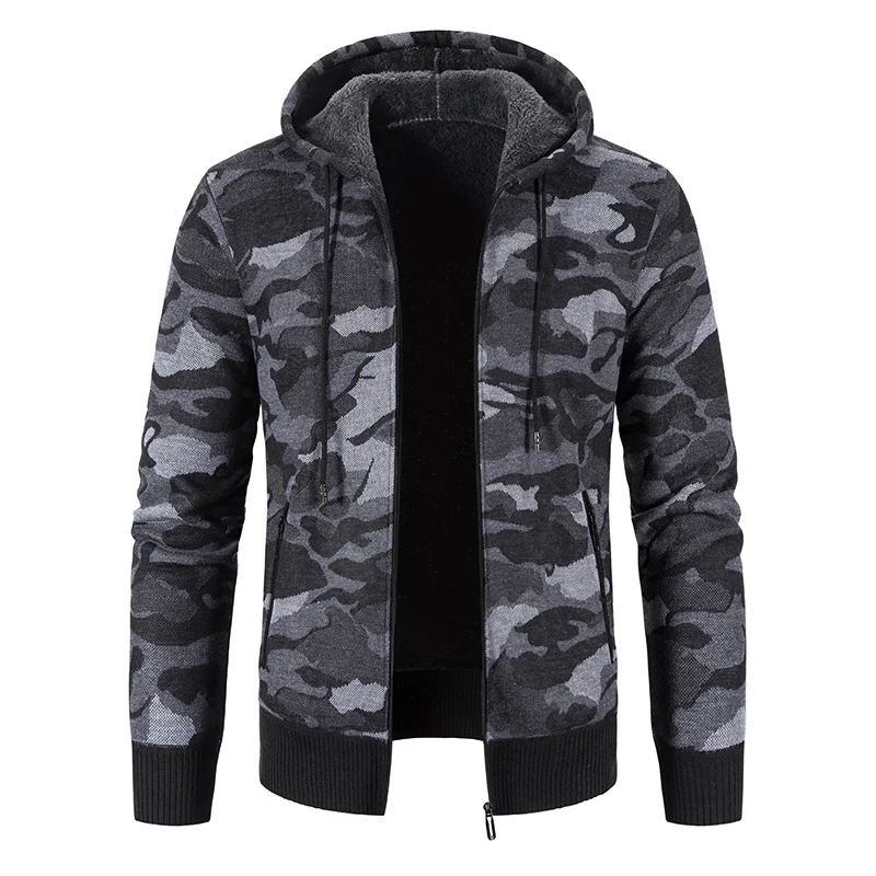 Men's Cardigan Knitted Hoodie with Zipper Autumn/winter Fleece Thick warm wool Sweater Coat Pullover Fashion Camouflage Jacket