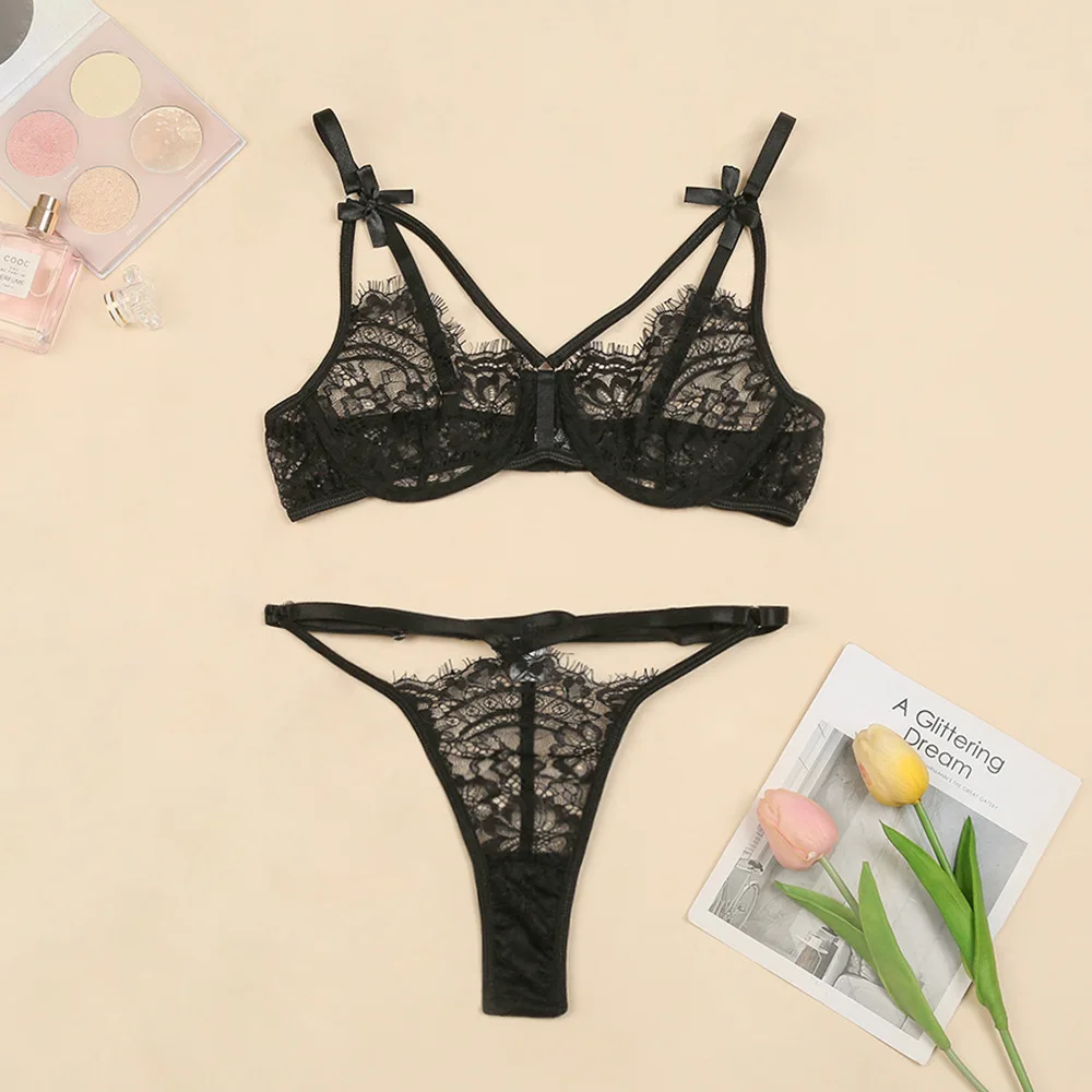 

FVIAD Perspective Sexy Lingerie Flowers Lace Eyelashes Women's Underwear Suit Erotic Cute Gather Bra Panties Set With Steel Ring