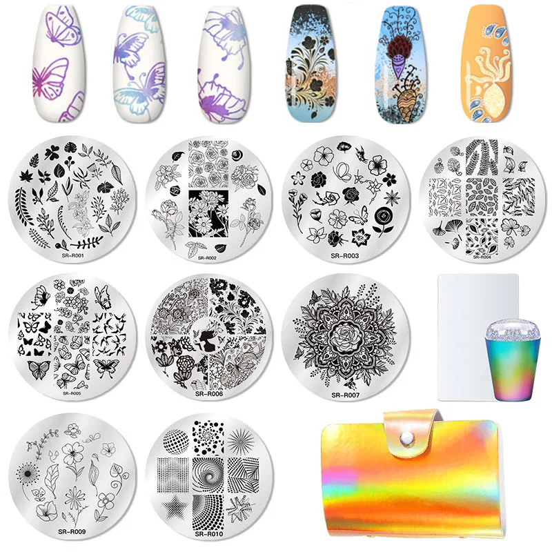 

RBAN NAIL Nail Art Stamp Stamping Image Plate Set Round Rectangle Stainless Steel Nail Design Template Manicure Stencil Tools