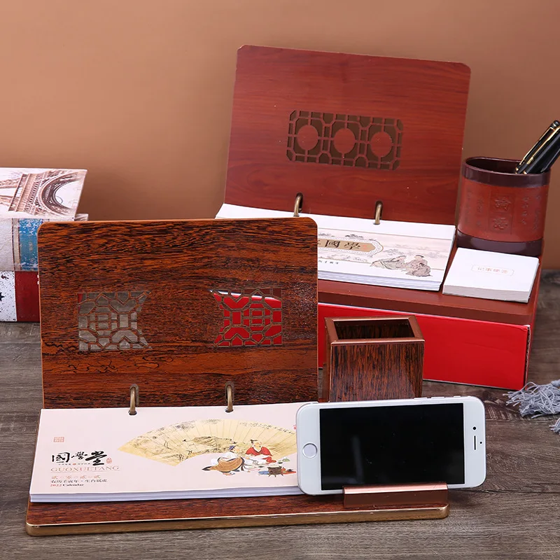 Decoraci&oacute;n de a&ntilde;o de Tigre, marco de calendario de escritorio de madera de negocios, florero de l&aacute;piz grande, caja de regalo de decoraci&oacute;n, Plan antiguo 2022-1