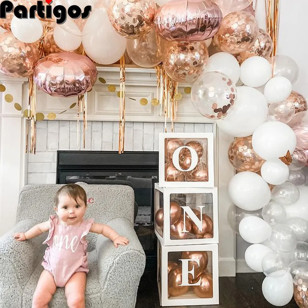 

1st Birthday Balloon 'ONE' Boxes for 1 Year Old Baby first Birthday Decorations Clear Cube Blocks 'ONE' Letters Photoshoot Props