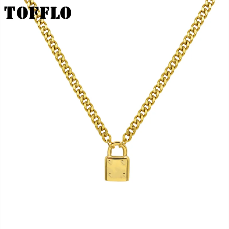 

TOFFLO Stainless Steel Jewelry Lock Pendant Necklace Exaggerated Cable Chain Female Hip Hop Clavicle Chain BSP030