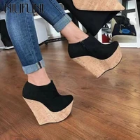 niufuni spring autumn womens flock ankle boots round toe zip cork platform wedges 15cm high heels nightclub shoes woman pumps