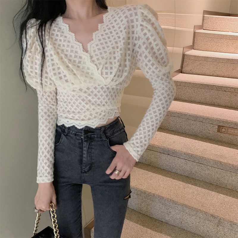 

Autumn Puff Long Sleeve Blouse Women Elegant V-Neck Slim Waist Tops Lace Short Style Blusas YOU1398