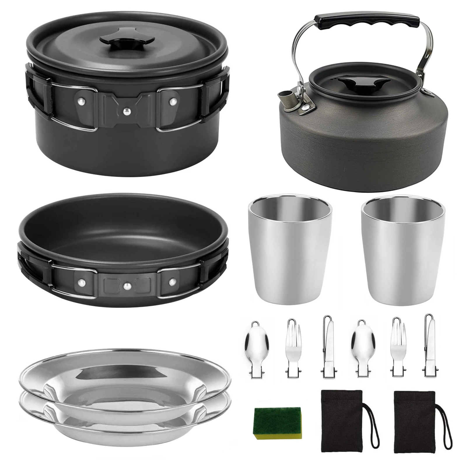 

Camping Cookware Set Pots Pans Kettle Accessories Portable Family Backpacking For 2-3 Person Non-stick Traveling Outdoor Hiking
