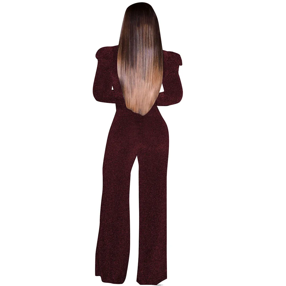 Sexy Deep V Neck Glitter Wide Leg Jumpsuit Women Loose Long Sleeve Elegant Romper with Belt Nightclub Party Club Overalls Femme