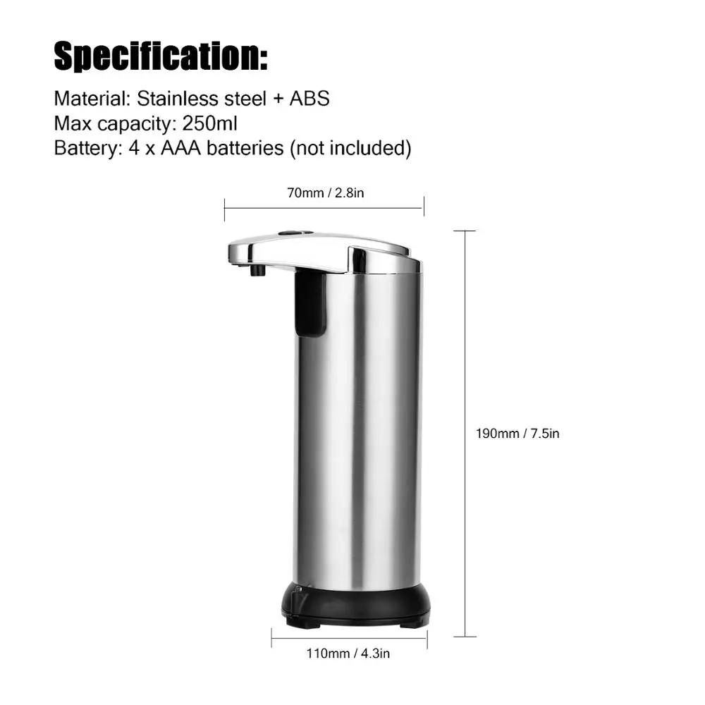 

250ML Stainless Steel IR Sensor Touchless Waterproof Automatic Liquid Soap Dispenser for Kitchen Bathroom Home Soap Dispenser