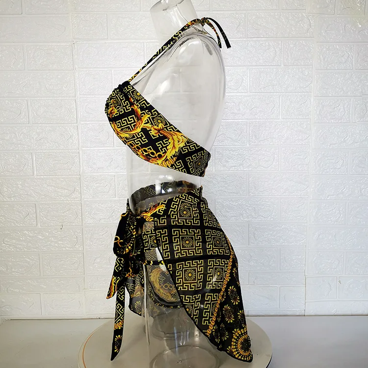 

Bikini Nylon 3 Piece Set Women's swimsuit Swimwear Shiny Woman clothes Retro Print Beachwear Bra Panty Set Vintage Bathing Suit