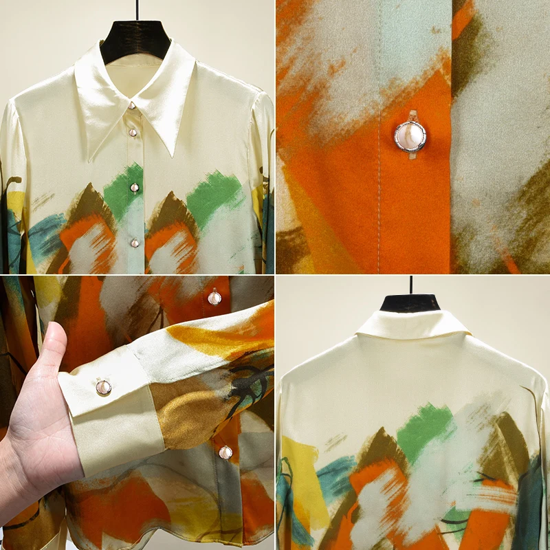 

Shirt Women 2021 Spring New Arrival Painting Print Chiffon Blouse Long Sleeve Elegant Modis Tops