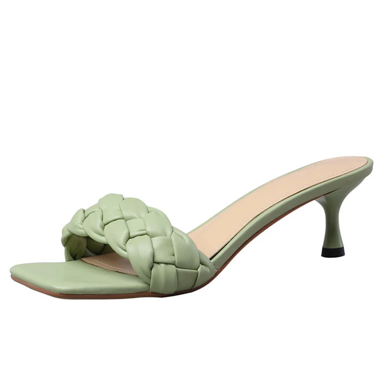 Женские шлепанцы ANNYMOLI зеленые бежевые на высоком каблуке шпильке с квадратным