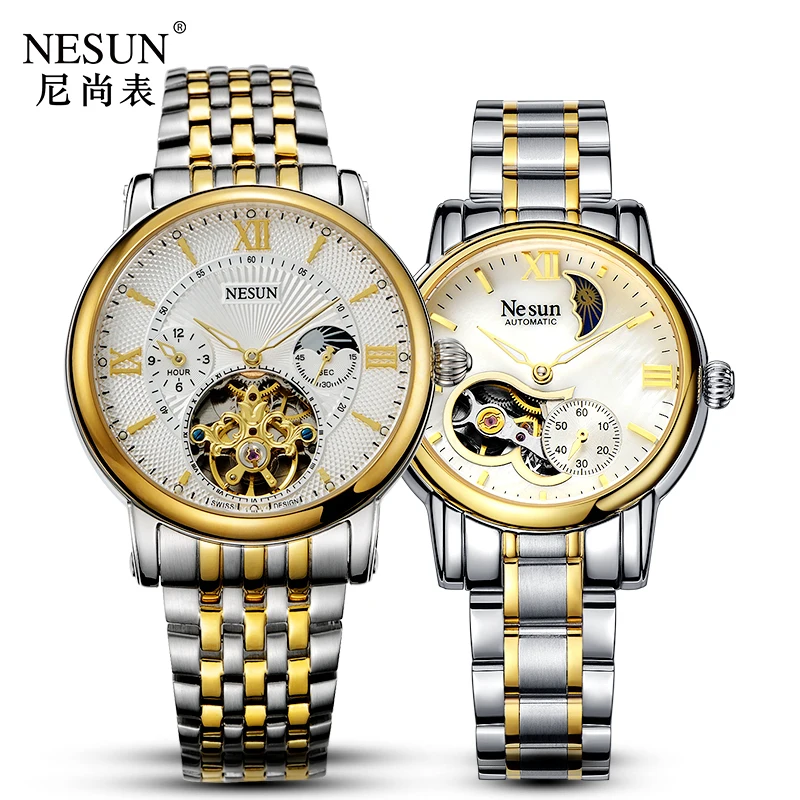 Швейцарские часы Nesun Hollow Tourbillon для мужчин и женщин, роскошные брендовые автоматические механические часы для пар, сапфировые часы N9091L