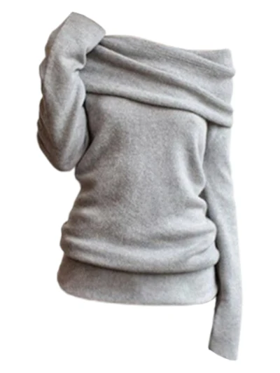 ROSEGAL Long Sleeve Off The Shoulder Sweater Casual Solid Color Pullover Knit Women Warm 2019 Light Gray Standard Size | Женская одежда