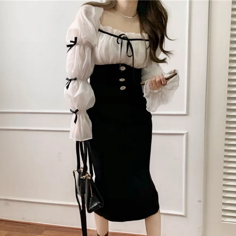

French Style Spring Women's Dress Office Lady Elegant Chiffon Patchwork Bow Square Collar Lantern Sleeve Slim Fashion Dresses