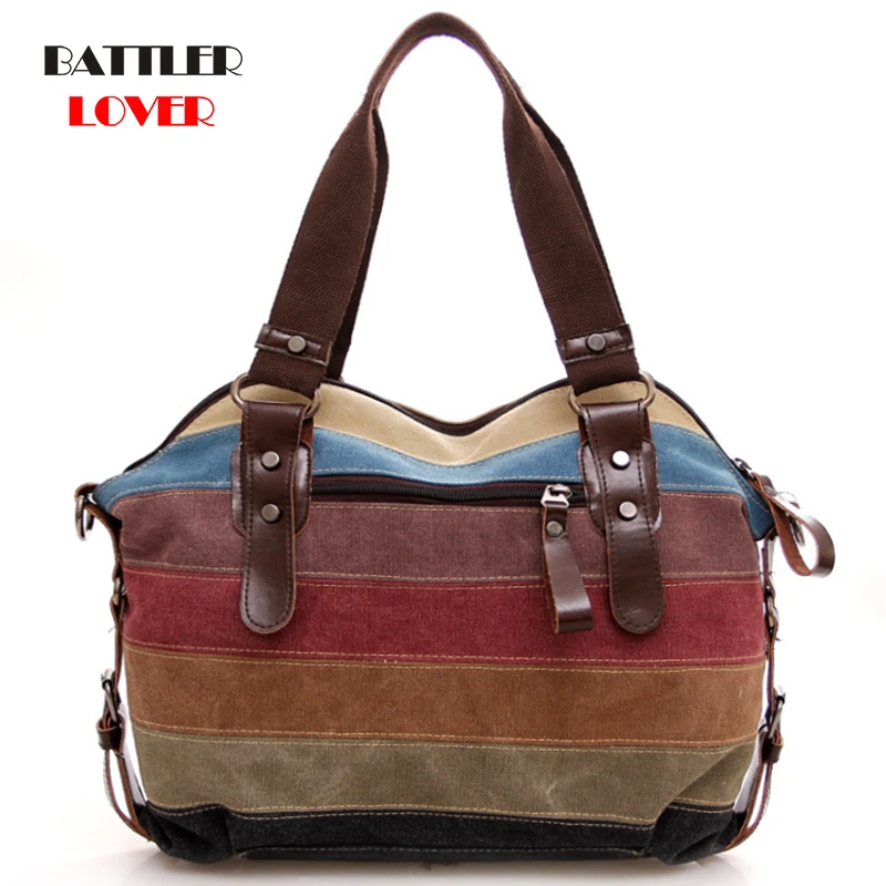 

Women Canvas Handbags Big Capacity Travel Female Shoulder Bags Striped Design Crossbody Bag For Ladies Brand Casual Totes 2021