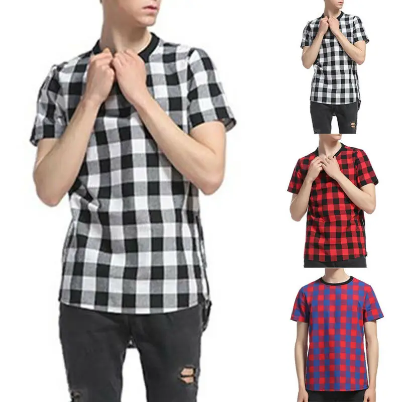 Мужские летние повседневные спортивные футболки в клетку с коротким рукавом и