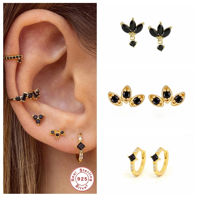 

100% Real Silver 925 Jewelry Pendientes Oorbellen Black Zircon Earrings Cartilage Stud Earring For Ladies Women Charming Gifts