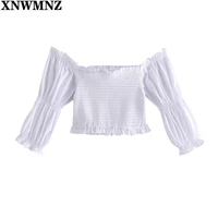 xnwmnz summer smocked crop top women blouse white short sleeve female thin top square neck sweet girl shirt blouse elastic hem