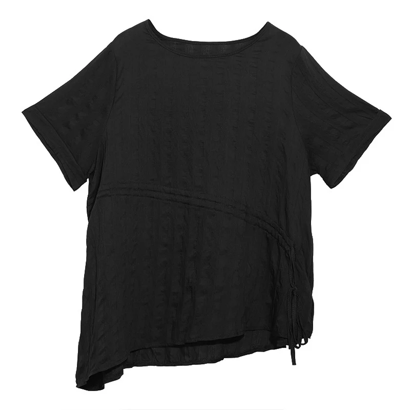 

Women White Yellow Drawstring Plus Size T Shirt New Round Neck Short Sleeve Fashion Loose Tee Femme Tops Clothing Summer 2021