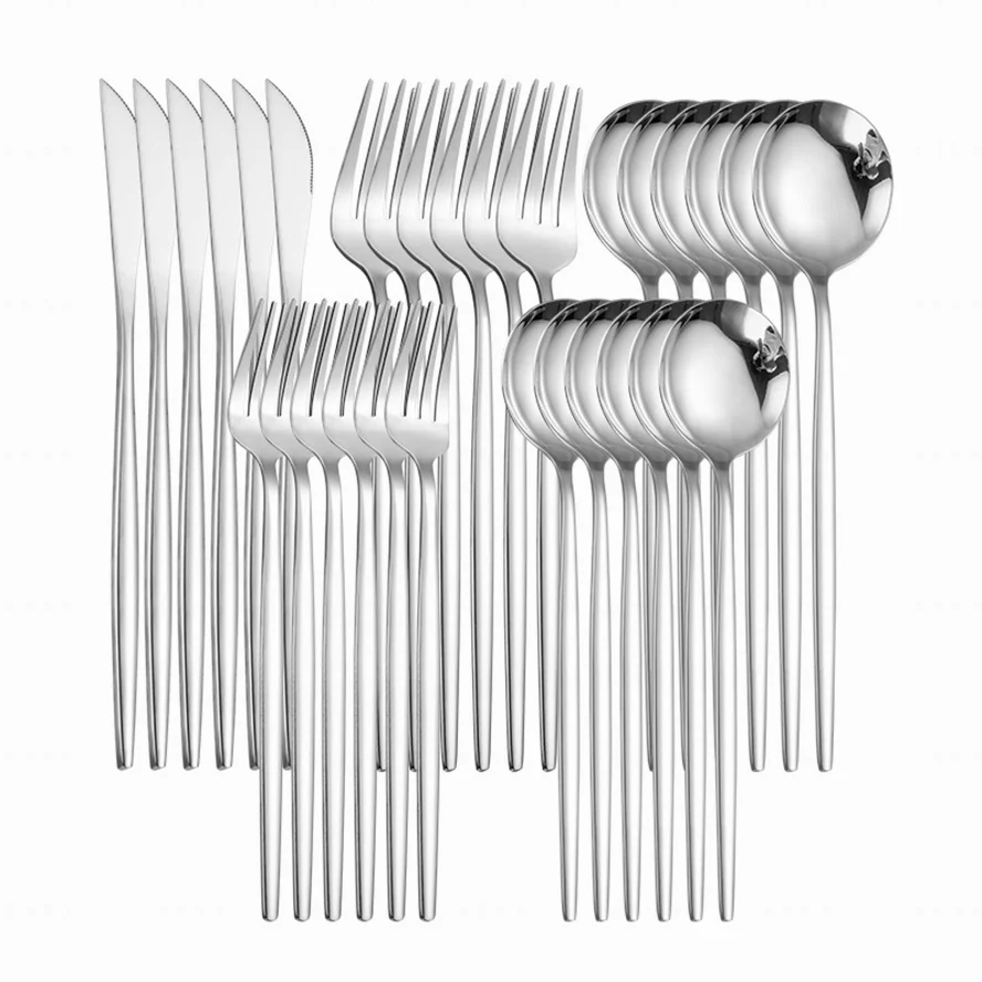 

Stainless Steel Dinnerware Set 30Pcs Bright Silver Cutlery Set Knives Forks Spoons Tableware Set Kitchen Combination Flatware