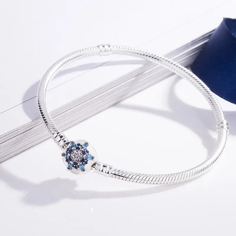 

925 Sterling Silver Moments Pave Heart Clasp With Crystal Snake Chain pan Bracelet Bangle Fit Bead Charm Jewelry