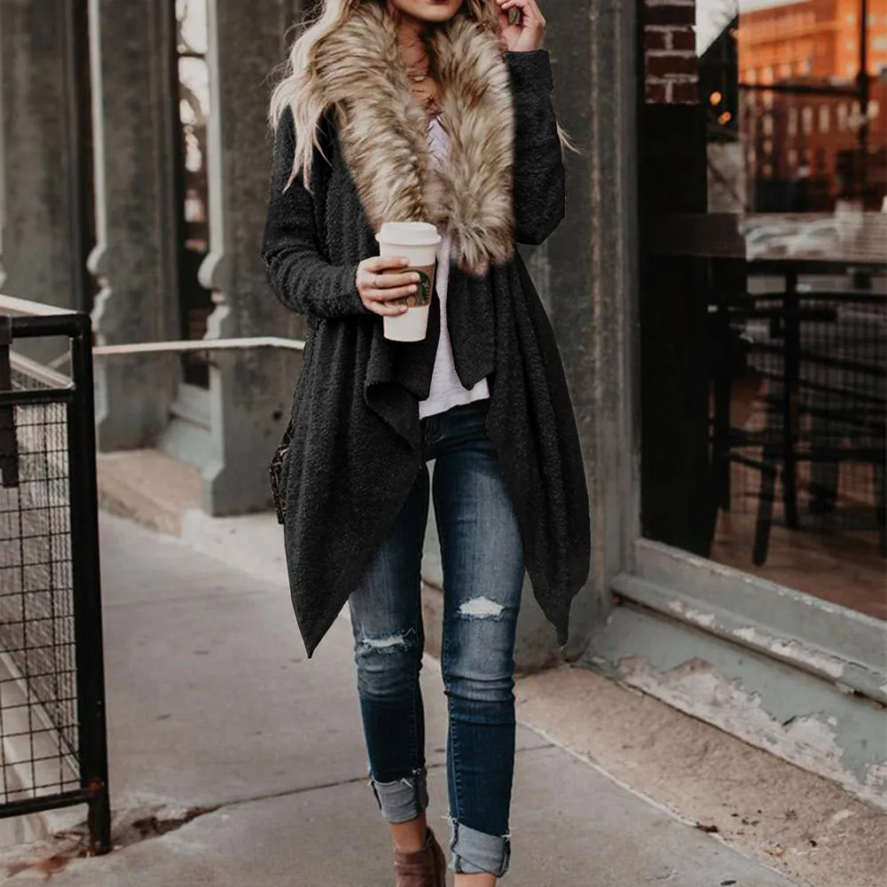 

2021 New Winter Irregular Fur Medium-Long Coat Female Long Sleeve Cardigan Casual Lady Clothes Black Clothes Women Outer Wear