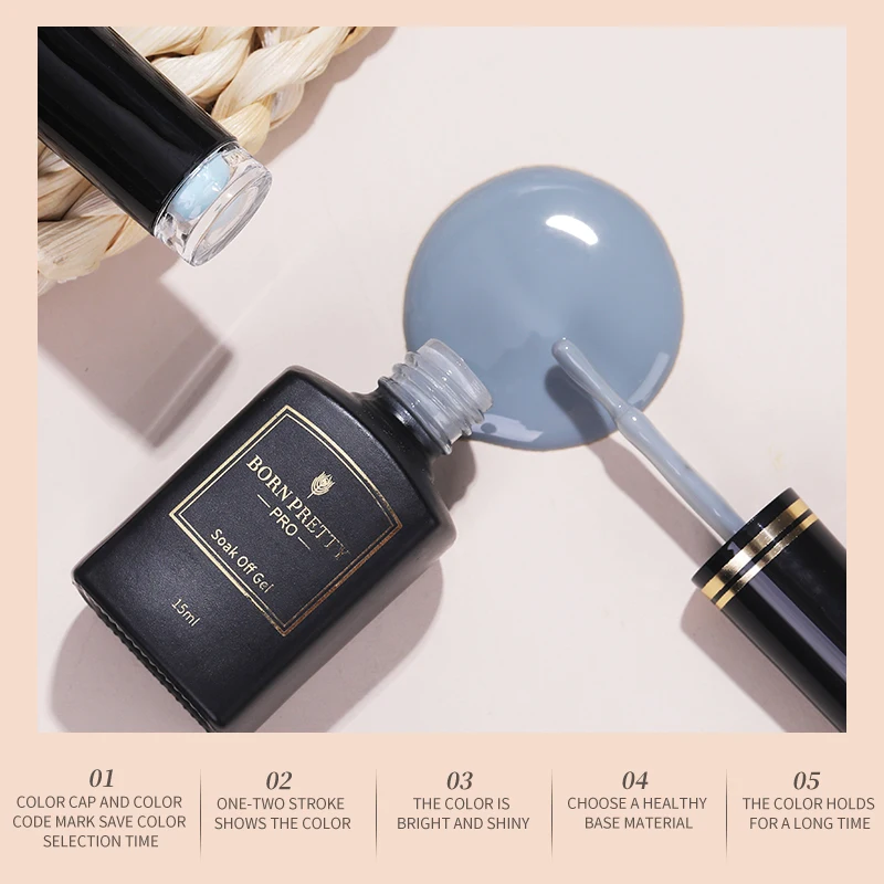 

BORN PRETTY Pro 15ml Gel Nail Polish 60 Colors Soak Off UV Gel Semi-permanent Varnish Base Top Coat All For Manicure Glitter