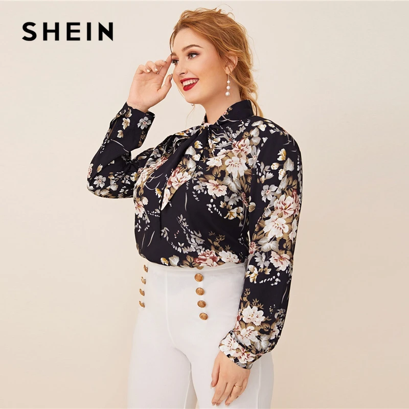 SHEIN, плюс размер, темно-синий топ с завязками на шее, с растительным принтом, для женщин, осень, однотонный, элегантный, для офиса, для женщин, s, плюс, топы и блузки