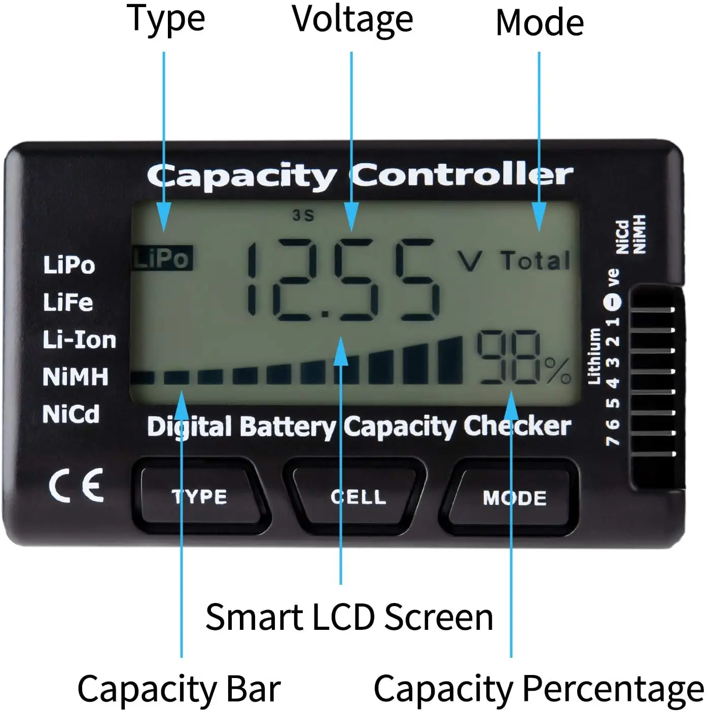 

1-7S Digital Battery Capacity Detector Power Display LCD Checker Tester Voltage Controller LiPo LiFe Li-ion NiMH Nicd for RC Car