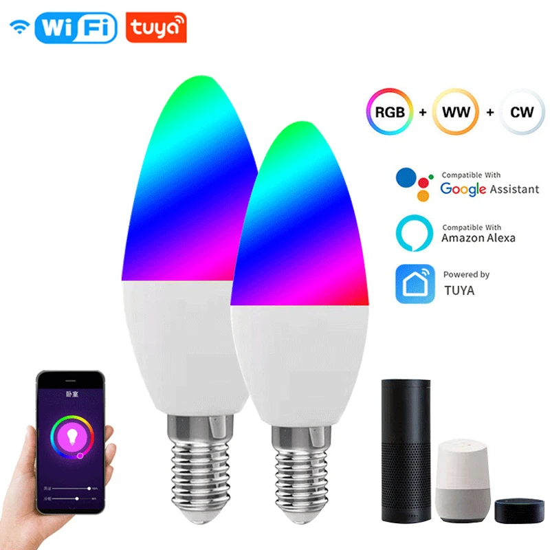 

Tuya WiFi Smart E14 Light Bulb 5W RGB+WW+C Dimmable LED Lamp 110-240V AC Timer Voice Control Magic Bulb Work With Google Home