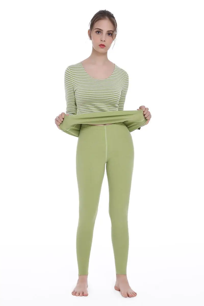 

Autumn and winter new de velvet seamless warm suit women round neck striped long-sleeved shirt striped leggings two-piece suit