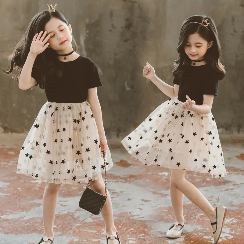 Summer Girls Dresses For Kids Princess Star Sequins Mesh Dress Children's Patchwork Clothes Birthday Party Pretty Clothing | Детская