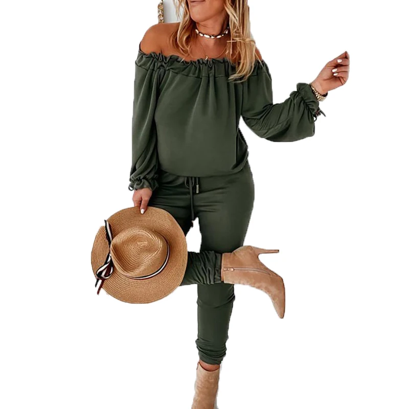 

2021 Fashion Sexy Off Shoulder Ruffle Romper Women Casual Pocket Cargo Pants Jumpsuit Summer Spring Long Sleeve Overall Playsuit