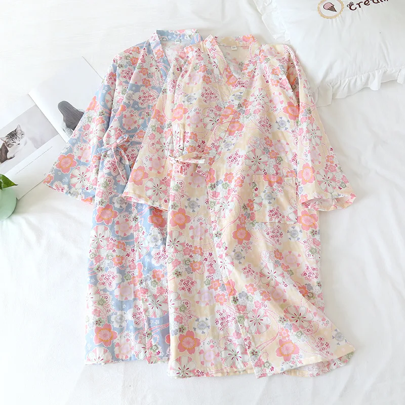 

Cherry blossoms Japan Kimono Robe female Cotton bathrobe Women Comfortable Sleeprobe Ladies indoor nighty Healthy Dressing Gowng