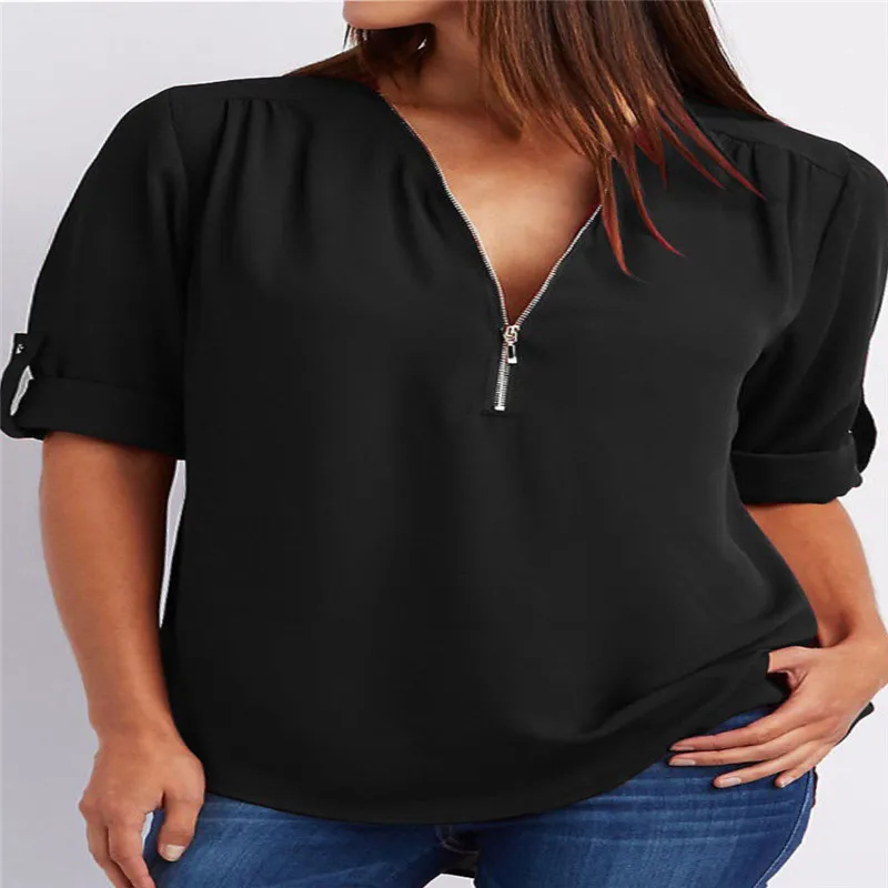 

5XL Top Oversized Women chiffon Tshirt V-neck Zipper irregular Loose Casual T shirt Spring Summer Plus Size Sexy Tops Tee shirts
