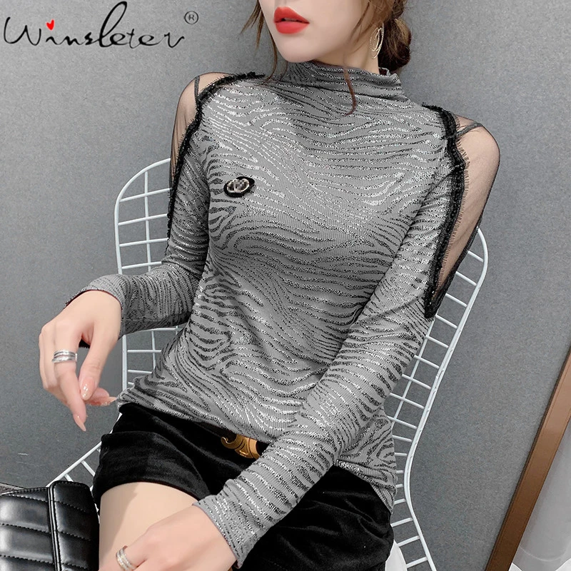 

Spring Fall T-Shirt Sexy Print Zebra-Stripe Women Tops Bottoming Shirt Casual Long Sleeve Clothes Patchwork Mesh Tees T16403A