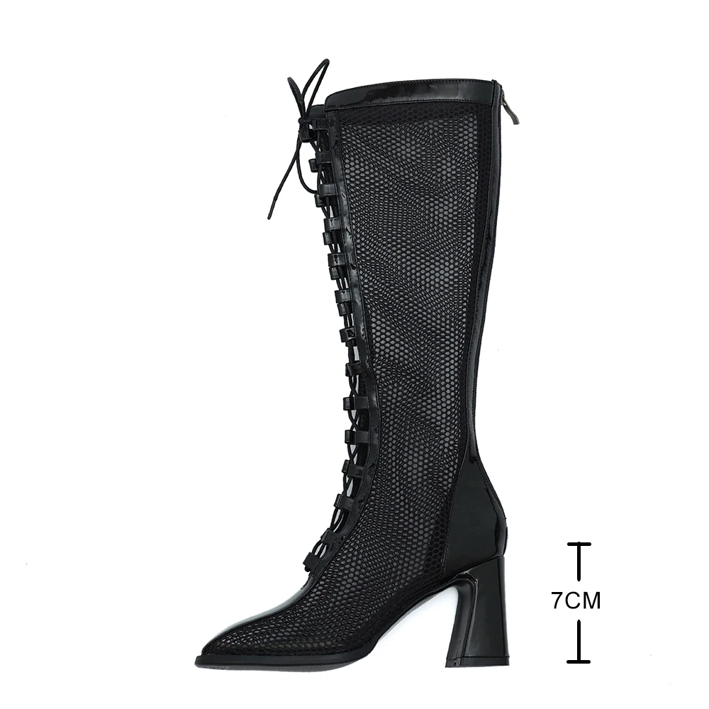 

Sexy High Heeled Sandals Boots Woman Knee High Boots Women Summer Heels Square toe Block Heel Mesh Shoes Female Black Apricot