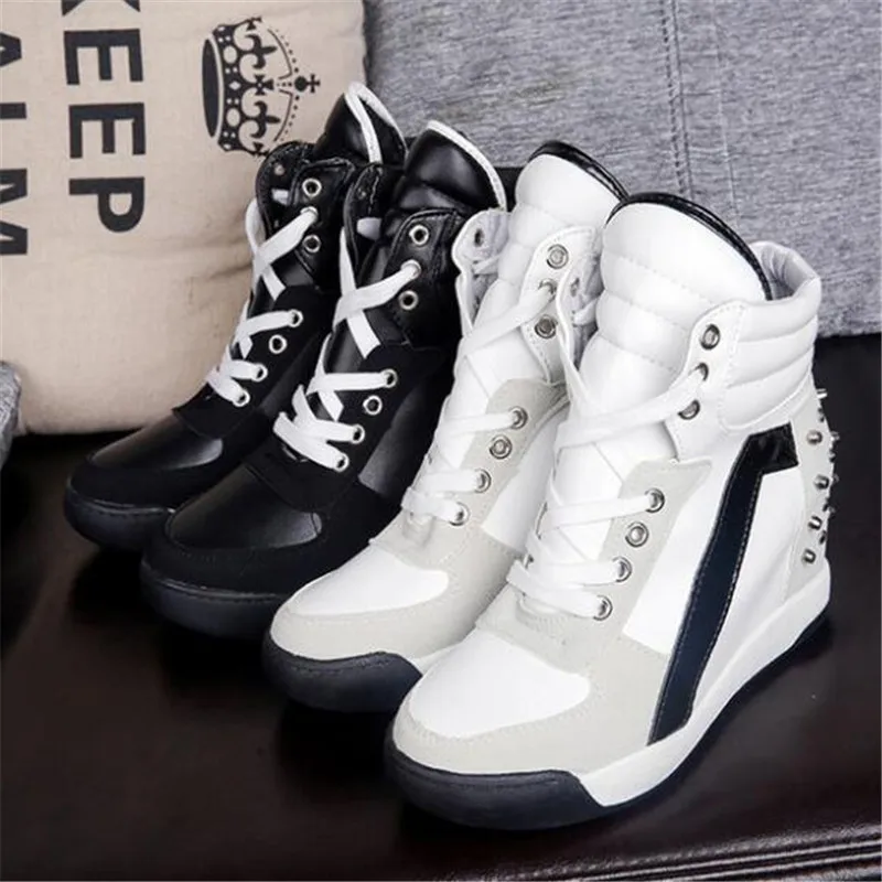 

Women Wedge Platform Rubber Brogue Leather Lace Up High heel Shoes Pointed Toe Increasing Creepers White Black Sneakers
