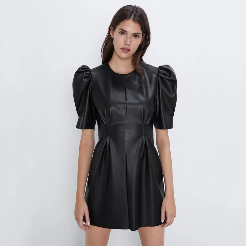 Новая мода ZA платье из искусственной кожи дамское Черное мини темперамент Кожа