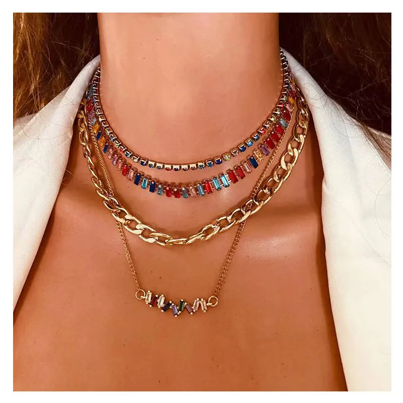 2021 New High Quality Rainbow Rhinestone Geometric Pendant Necklace Grass Crystal Gold Ladies Multilayer Necklace Jewelry