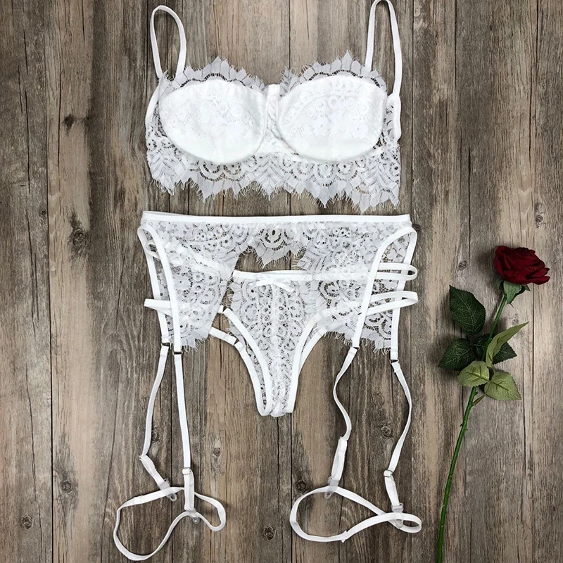 

Women Wireless Transparent Bra Set Eyelash Black Lace Garter Floral Lace Intimates Sexy Lingerie Set Underwear