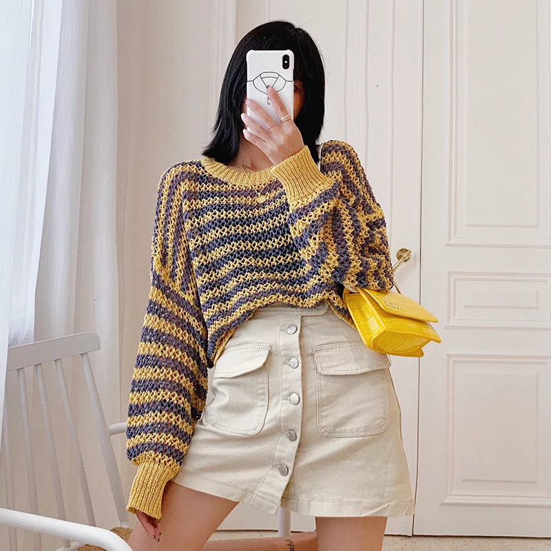 MEVGOHOT Women's Autumn Loose Stripe Sweaters Fashion Oversized Sweet O-neck Pullover Korean Sweater Female HD1098 | Женская одежда