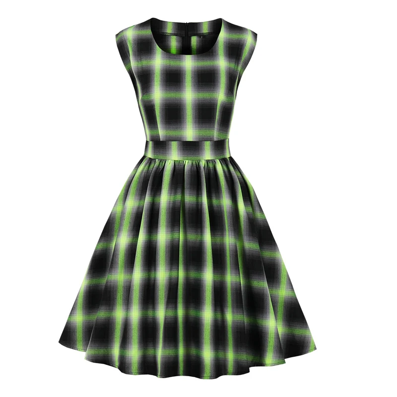 

Summer sleeveless Women Fashion Plaid Printed Vintage retro party casual Knee Length A Line dress Tartan vestido de festa