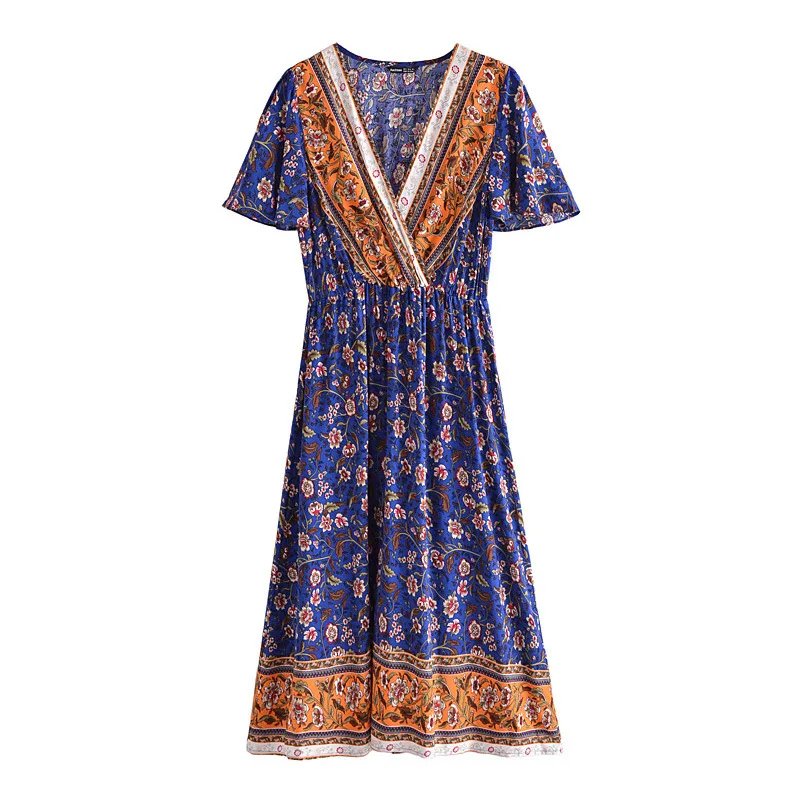 

Women Dress Summer 2021 Short Sleeve Elegant Fashion Sexy V-Neck Autumn Print Color Chiffon Beach Style Female Vestido C2921