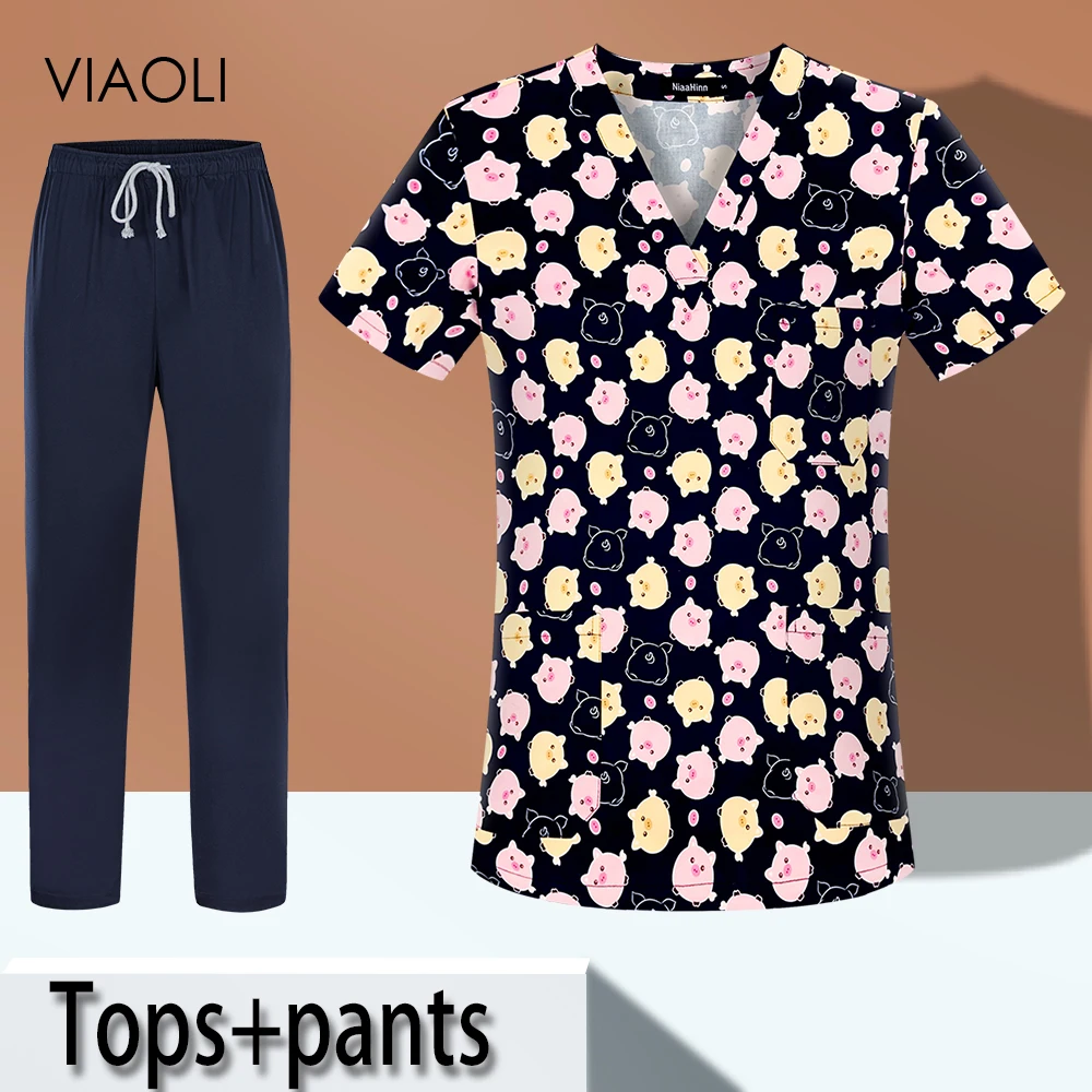 

High-quality Pure Cotton Soft Anti-wrinkle Uniforms Frosted V-neck Short-sleeved Tops Beauty Salon Elastic Scrub Shirt Wholesale