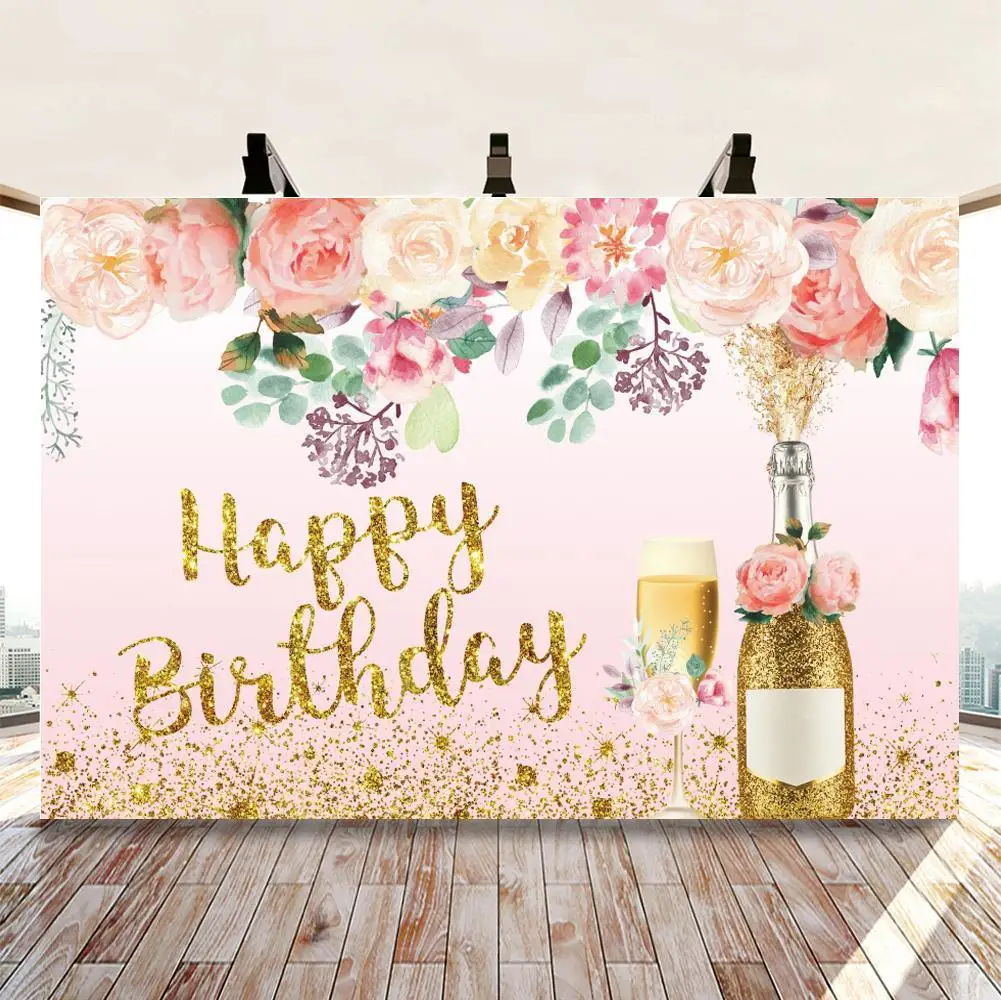 

Beautiful Flowers Women Birthday Backdrop Photography Golden Glitter Champagne Cheers Girl Party Table Background For Decor