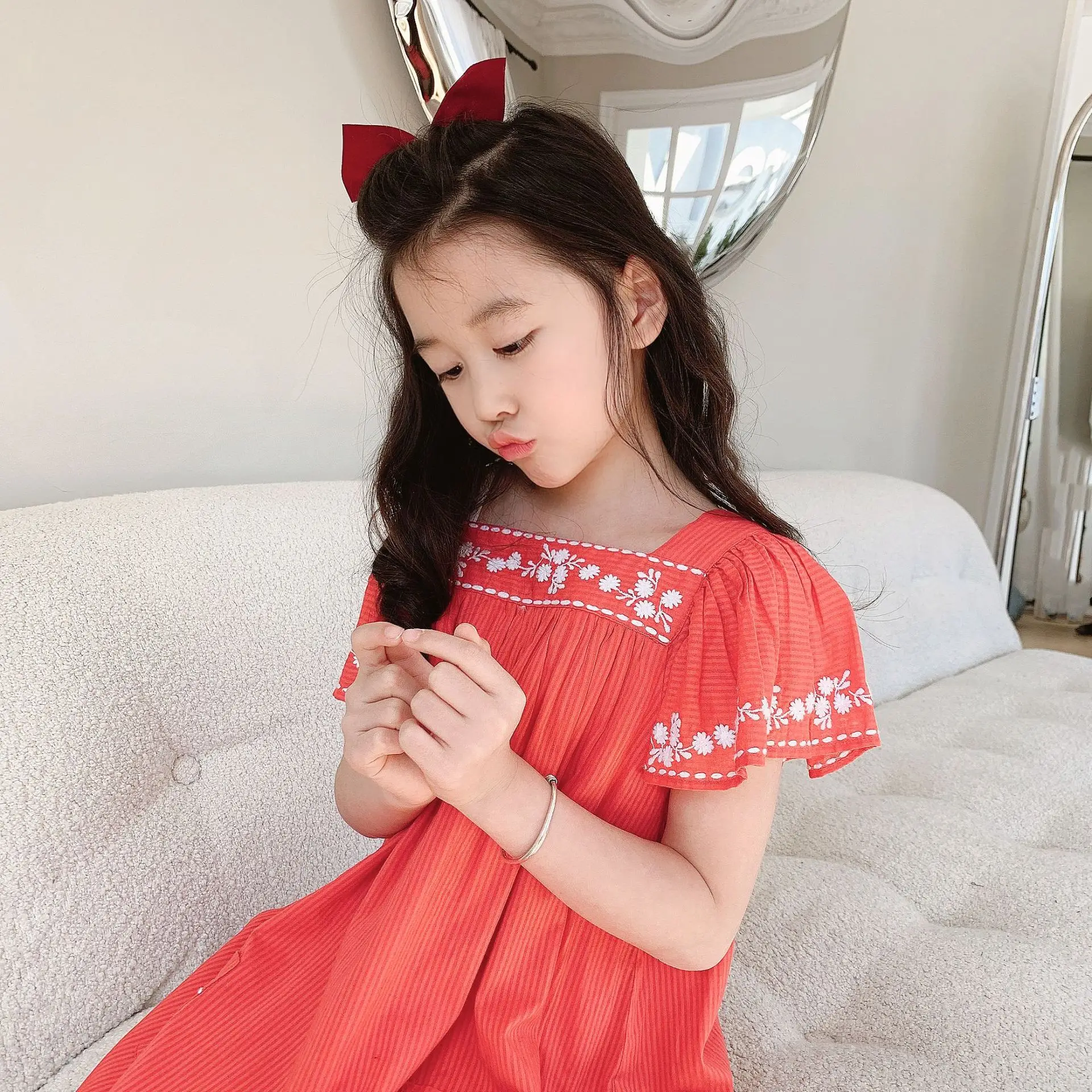 

baby girls clothes summer cotton casual Orange-red embroidered girls dress French dress