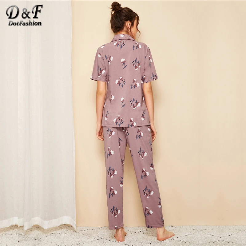 Dotfashion/топ с цветочным принтом и v-образным вырезом на пуговицах и штаны для женщин; коллекция года; осенние пижамные комплекты с карманами; женская повседневная одежда для отдыха