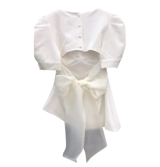 

XIZIHUPAN Patchwork Bowknot Hit Color Shirt For Women Square Collar Short Sleeve Hollow Out Slim Blouses Females Summer 2021 New