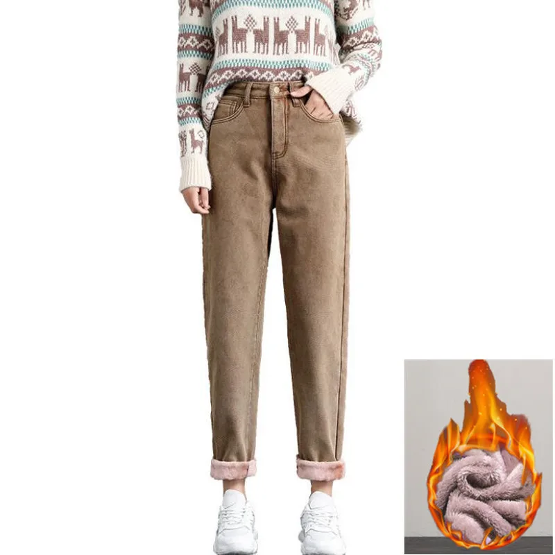 

Winter Jeans New Women Velvet Thick Warm Denim Pants High Waist Fleece Mom Jeans Vintage Wide Leg Ankle-Length Harem Denim Pants